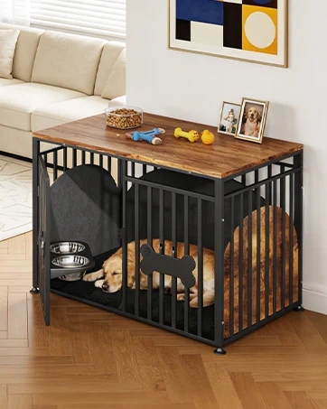 Dog crate used as a side table in a bright living room